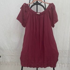 LOFT Off the Shoulder Dress Size M | Burgundy Embroidered Hem | Like New